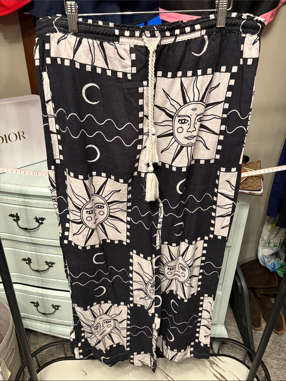 Anthropologie Black and Cream Celestial Print Wide-Leg Pants - Picture 3 of 5